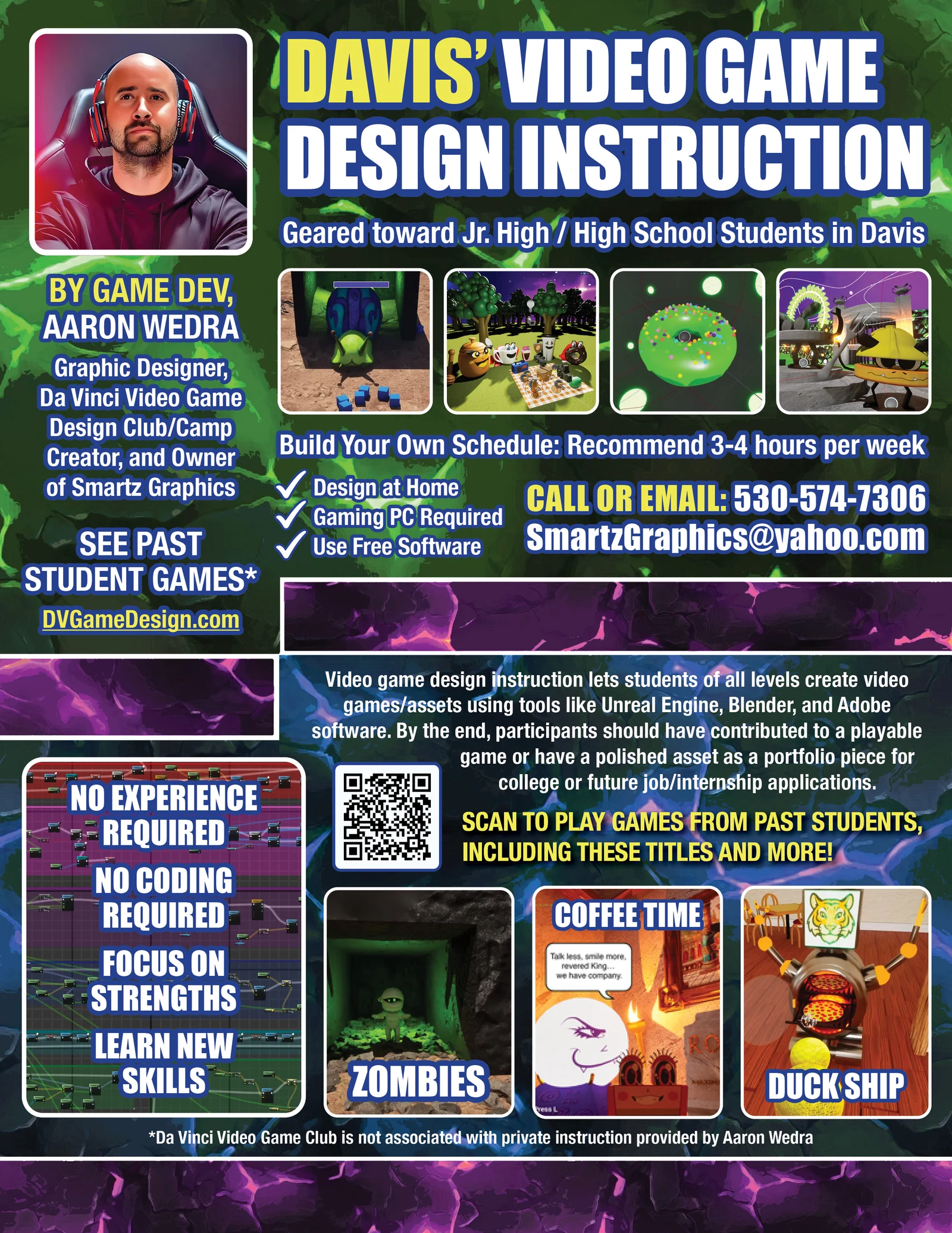 Aaron Wedra’s video game design instruction flyer