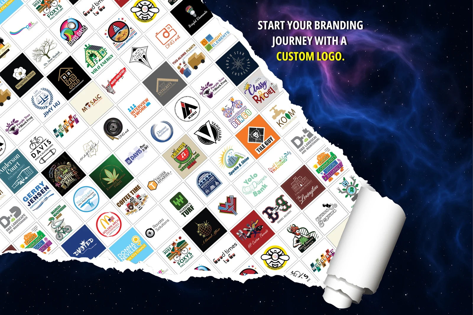 Smartz Graphics portfolio of local logos, including Mosaic, Coffee Time, Yolo Energy and Davis community organizations